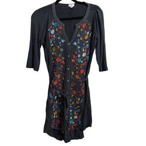 Tiny Womens Mini Dress Gray XS Ditsy Floral Half Sleeve Vneck Waist Tie Stretch